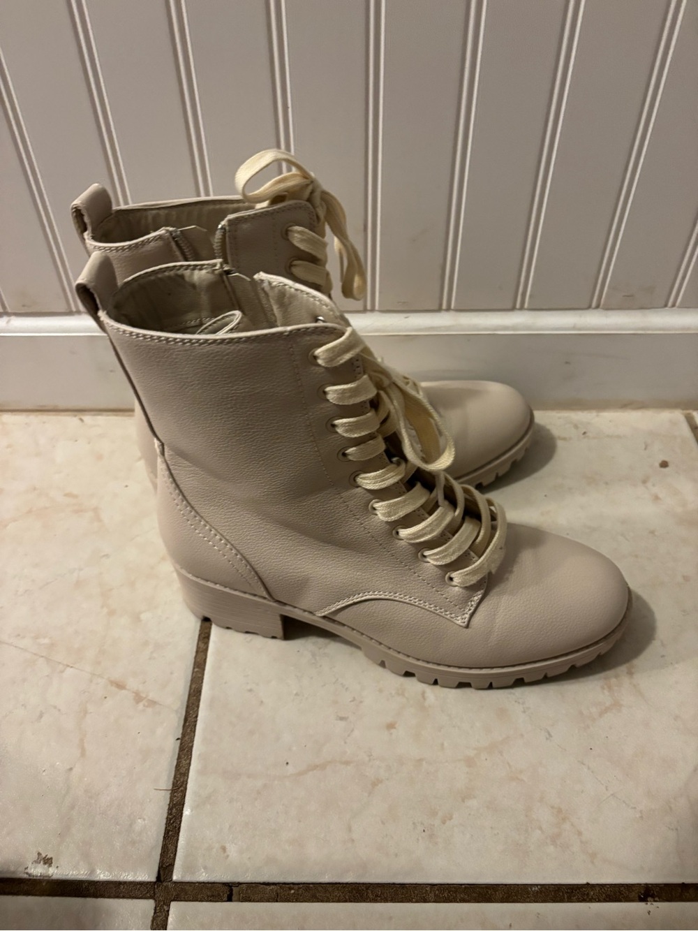Women’s Cream Lace-Up Combat Boots